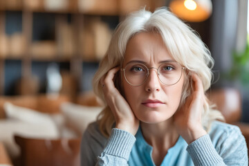 Wall Mural - A woman wearing glasses sitting at a table with her hands on her head