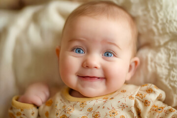 Poster - A smiling baby with blue eyes laying on a blanket