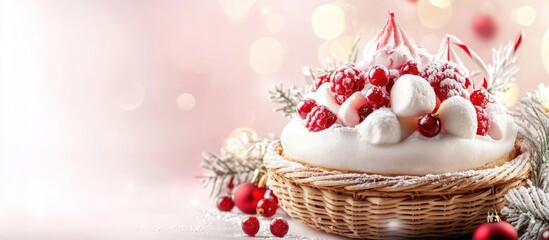 Aufkleber - Delicate French pastry Winter berry marshmallow Cranberry Confections in the basket Christmas goodies. with copy space image. Place for adding text or design