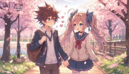 young anime boy and girl couple on a date