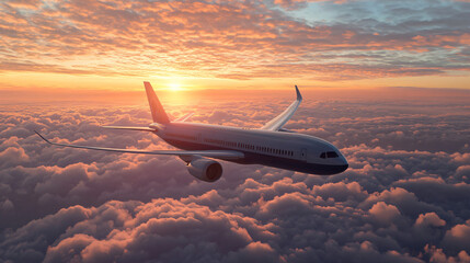 Canvas Print - Airplane Flying Through Sunset Clouds.