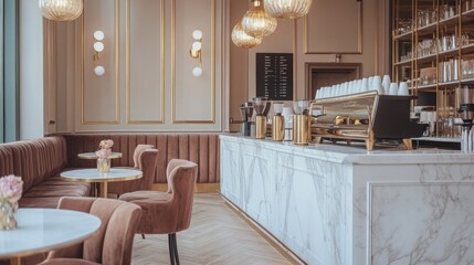 Poster - A stylish coffee shop features a marble counter, plush seating, and decorative lighting, creating a warm atmosphere.