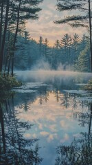 Canvas Print - Morning mist rising from a lake reflecting the sky