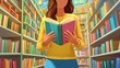 © VirtualVista - A young cartoon woman s hands holding a book in a colorful cartoon bookstore