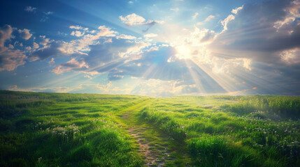 Field with green grass and blue sky, sunshine over the field