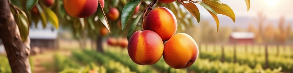 Fresh ripe nectarine peaches growing on tree. Fresh organic natural fruit in sun light blur green background