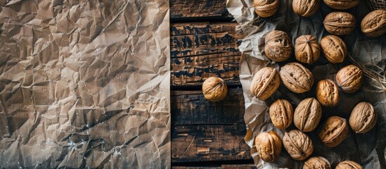 Leinwandbilder - Textured vintage paper background featuring freshly harvested walnuts. with copy space image. Place for adding text or design