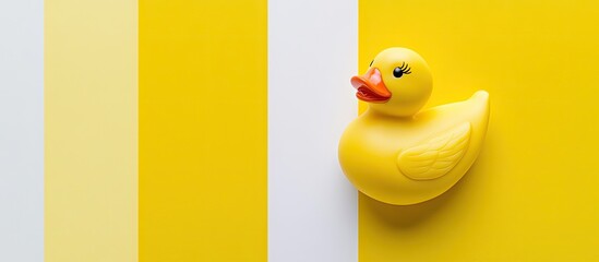 Wall Mural - Yellow rubber duck set against a white background Minimalist style with a white backdrop Top view Fashionable colorful image Flat lay Copy space Minimal creative idea