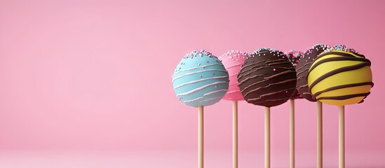 Poster - Cake pops on a pink backdrop Mini cakes on a stick Sponge cake coated in chocolate Chocolate cake adorned with colorful icing on a pink background Celebration treats. with copy space image