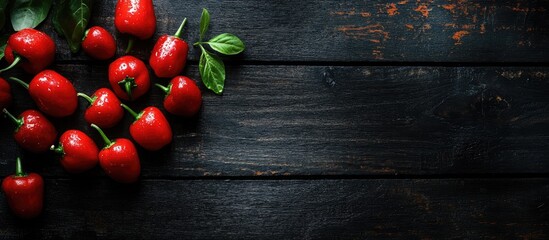 Aufkleber - Cherry peppers on a weathered black wooden table backdrop. with copy space image. Place for adding text or design