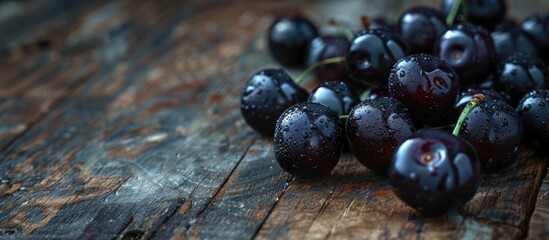Poster - Close up of fresh black cherries on a wooden surface. with copy space image. Place for adding text or design