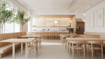 Poster - A spacious cafe features light wood furniture and natural light filtering through large windows, creating a warm and inviting atmosphere.
