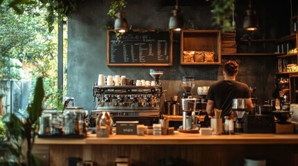Leinwandbilder - A barista skillfully brews coffee while surrounded by plants and a rustic cafe interior in the morning light.
