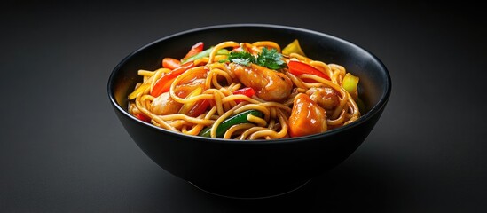 Leinwandbilder - Chicken Schezwan Noodles also known as Hakka or Chow Mein are presented in a black bowl against a dark background This Indo Chinese dish is a spicy combination of udon noodles vegetables and chili sa