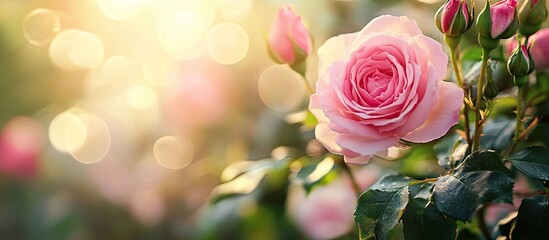 Poster - pink rose flower Rosa chinensis in the garden. with copy space image. Place for adding text or design