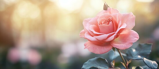 Poster - Soft pink rose in the garden. with copy space image. Place for adding text or design