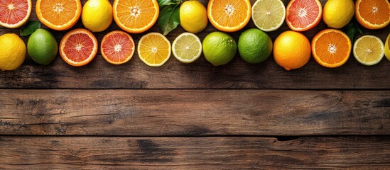 Leinwandbilder - Collection of citrus fruits on a wooden background orange mandarin lemon grapefruit lime kumquat tangerine Fresh organic juicy fruits A source of vitamin C Healthy eating concept Copyspace