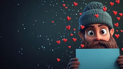 3D cartoon of a stylish bearded guy in a winter hat with a trendy mustache serious expression surrounded by red hearts and snowflakes in his beard next to a blue paper on a dark backdrop with blan