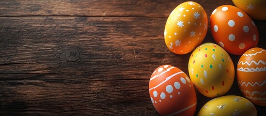 Poster - Easter eggs on a wooden surface. with copy space image. Place for adding text or design