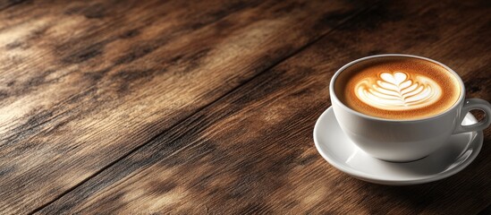 Aufkleber - Hot cappuccino in a white cup on a wooden table with copyspace Latte art on a coffee backdrop