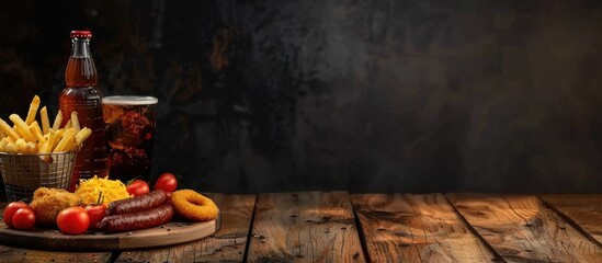 Delicious crunchy onion ring french fries sausage fried cheese pacanga pastry hot snack platter Served with special spice and coke on a wooden table. with copy space image