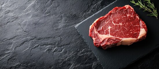 Poster - Close up of raw dry aged Kobe ribeye steak on a black board. with copy space image. Place for adding text or design