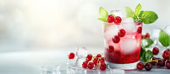 Leinwandbilder - Fresh currant cocktail A refreshing summer drink featuring red currants and ice cubes Glass of red currant mojito. with copy space image. Place for adding text or design