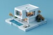 © visoot - a 3D render of a modern minimalist house model isolated on a blue background. Generative AI.