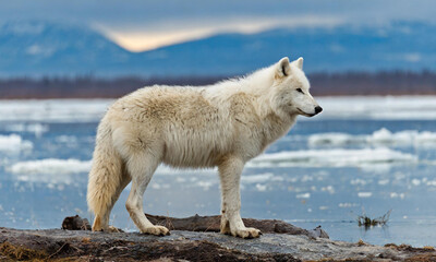great white arctic wolf on ice and snowy plain