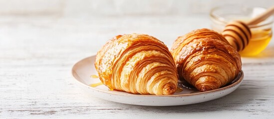 Leinwandbilder - Fresh croissants with honey on a white wooden table presented for breakfast Delicious croissant on a plate with copyspace