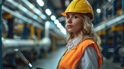 Aufkleber - Professional female engineer with tablet inspecting advanced manufacturing facility, safety helmet and vest, bright lighting, modern industry. Generative AI.