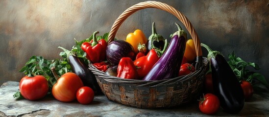 Leinwandbilder - Harvest of ripe peppers tomatoes eggplants and onions in a metal basket on a stone table. with copy space image. Place for adding text or design