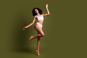 Poster - No filter photo of positive carefree lovely woman wear stylish white lingerie isolated on khaki color background