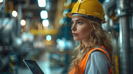 Aufkleber - Professional female engineer with tablet inspecting advanced manufacturing facility, safety helmet and vest, bright lighting, modern industry. Generative AI.