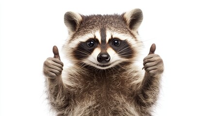 Cute Raccoon Giving Thumbs Up, Isolated on White Background - A friendly raccoon with a mischievous smile gives a thumbs up with both paws, symbolizing approval, success, and positive attitude.  The w