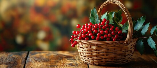 Poster - Collect fresh red berries along with green leaves in a wooden basket Autumn theme close up. with copy space image. Place for adding text or design