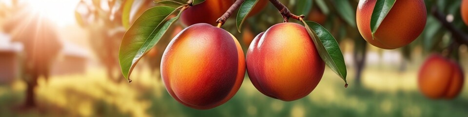 Fresh ripe nectarine peaches growing on tree. Fresh organic natural fruit in sun light blur green background