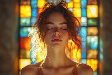 Sticker - devout serenity young woman in soft focus head bowed in prayer bathed in ethereal light streaming through stained glass windows of an ornate church