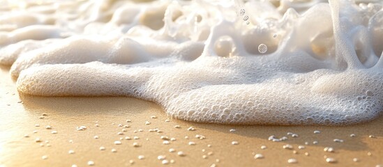 Poster - Summer scene featuring warm sand with sea or ocean wave bubbles providing copyspace for a card or advertisement during dawn or sunset