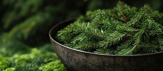Poster - Close up image of a metal bowl filled with freshly gathered tips of a coniferous tree in spring. with copy space image. Place for adding text or design