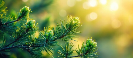 Poster - Young shoots of pine possibly black pine Pinus Nigra Green shoots on branches in a spring garden Copyspace Selective focus