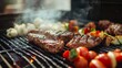 © Tida - Delicious Grilled Steak and Vegetables on a Barbecue Grill - A close-up shot of a sizzling steak and colorful vegetables grilling on a hot barbecue grill, with smoke rising from the food.  The image e