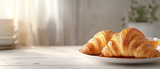 Leinwandbilder - Fresh croissants with honey on a white wooden table presented for breakfast Delicious croissant on a plate with copyspace