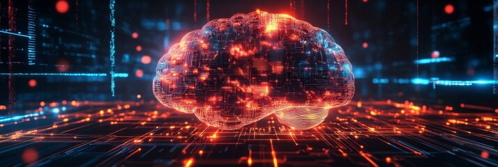 Canvas Print - Digital Brain Power: The Future of Artificial Intelligence - A glowing digital brain sits on a grid, representing the power of artificial intelligence and technology. It symbolizes innovation, progres