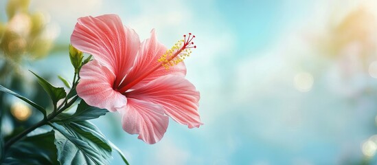 Poster - Lovely hibiscus flower blooming outdoors closeup Room for text. with copy space image. Place for adding text or design