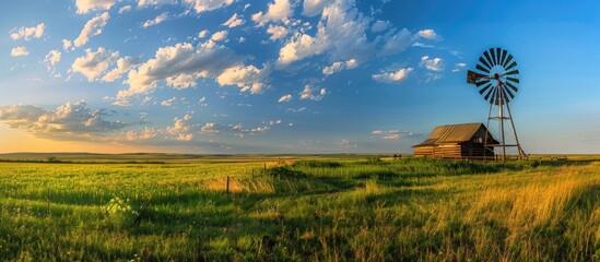 wide angle panorama of a farm landscape featuring an old wooden windmill in a green field beneath a 