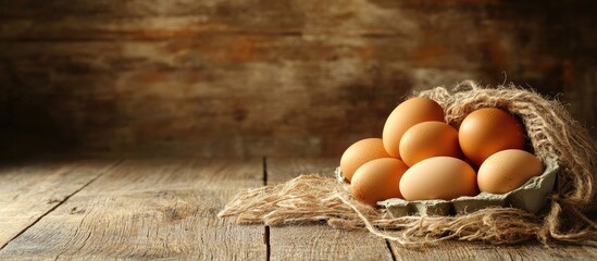 Poster - Fresh eggs on a rustic wooden background. with copy space image. Place for adding text or design