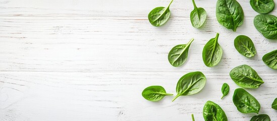 Poster - Baby spinach leaves on a white wooden surface copy space