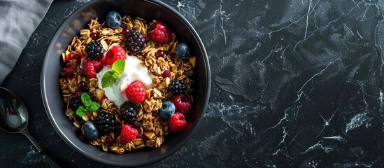 Canvas Print - Delicious granola topped with berries and yogurt on a dark textured surface for a flat lay composition There is room for text in the image. Copy space image. Place for adding text and design