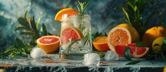 Poster - A cocktail of gin and tonic garnished with ice rosemary and grapefruit stands on a stone table with a background of different citrus fruits for cocktail making in this copy space image